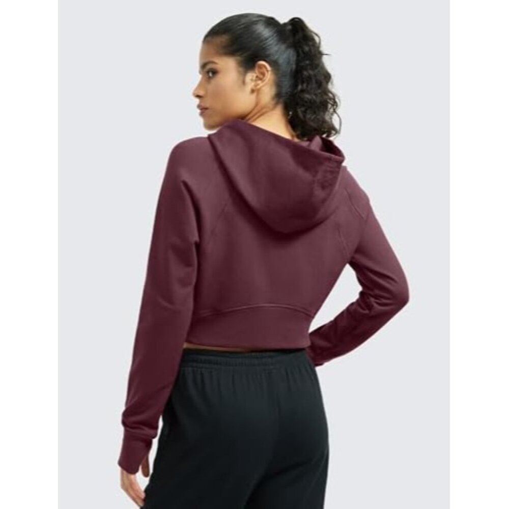 CRZ YOGA Women's Fleece Lined Zip Up Cropped Hoodie - Long Sleeve with Thumbhole - Picture 2 of 5